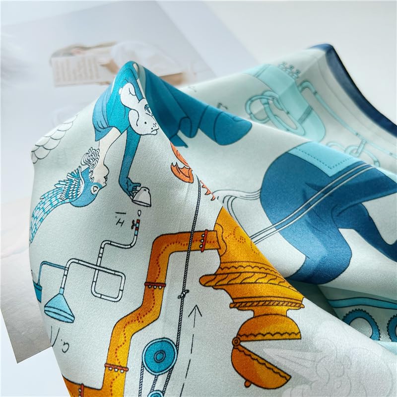 Close-up of a copper tea urn and blue figures printed on rippled pale blue silk