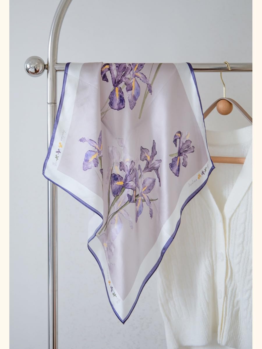 Iris square hung as a diamond on a rail, purple blooms centred on dusty mauve