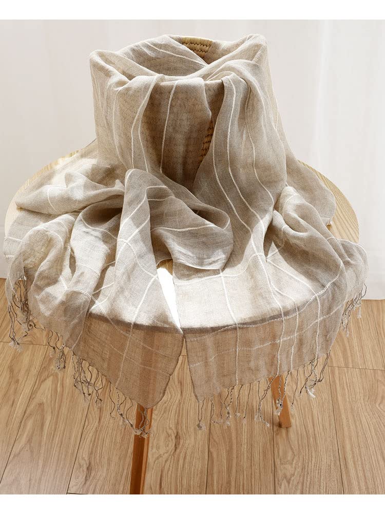 Plaid linen scarf styled with a knot at the front
