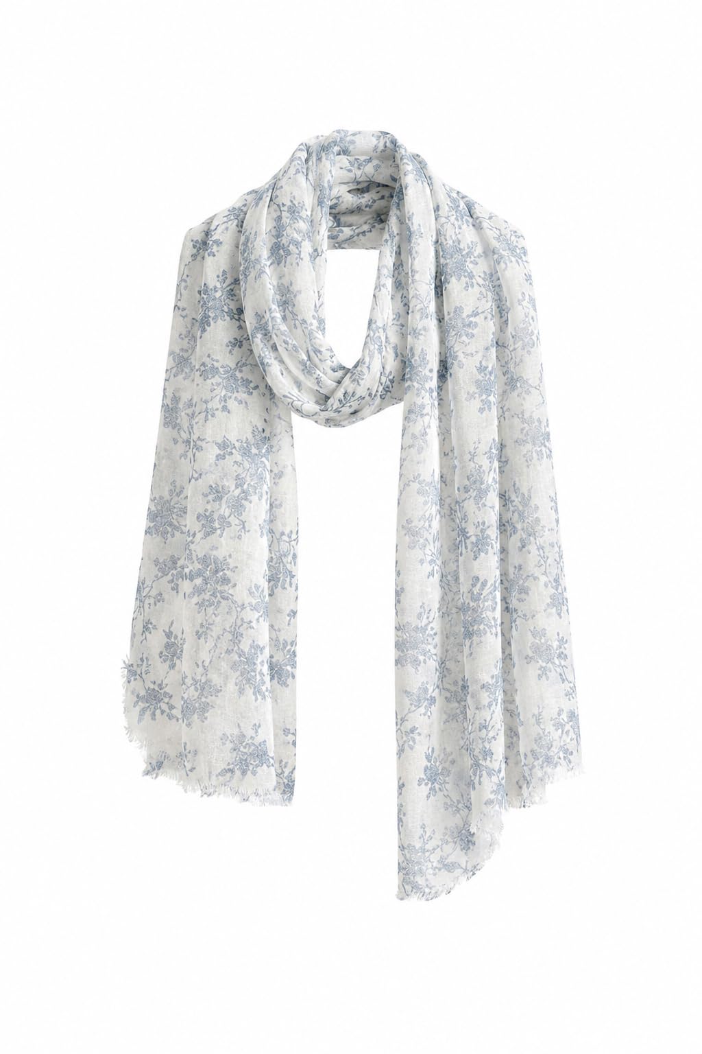 Pure linen scarf printed with a soft blue botanical motif, frayed edge