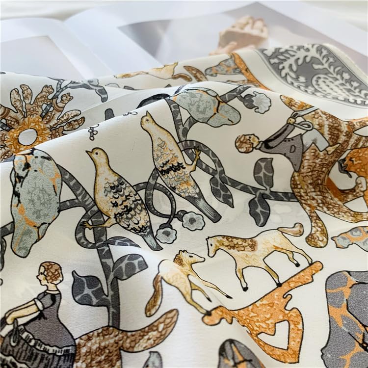 Close-up of gold and grey birds, horses and a fox drawn among flowering vines