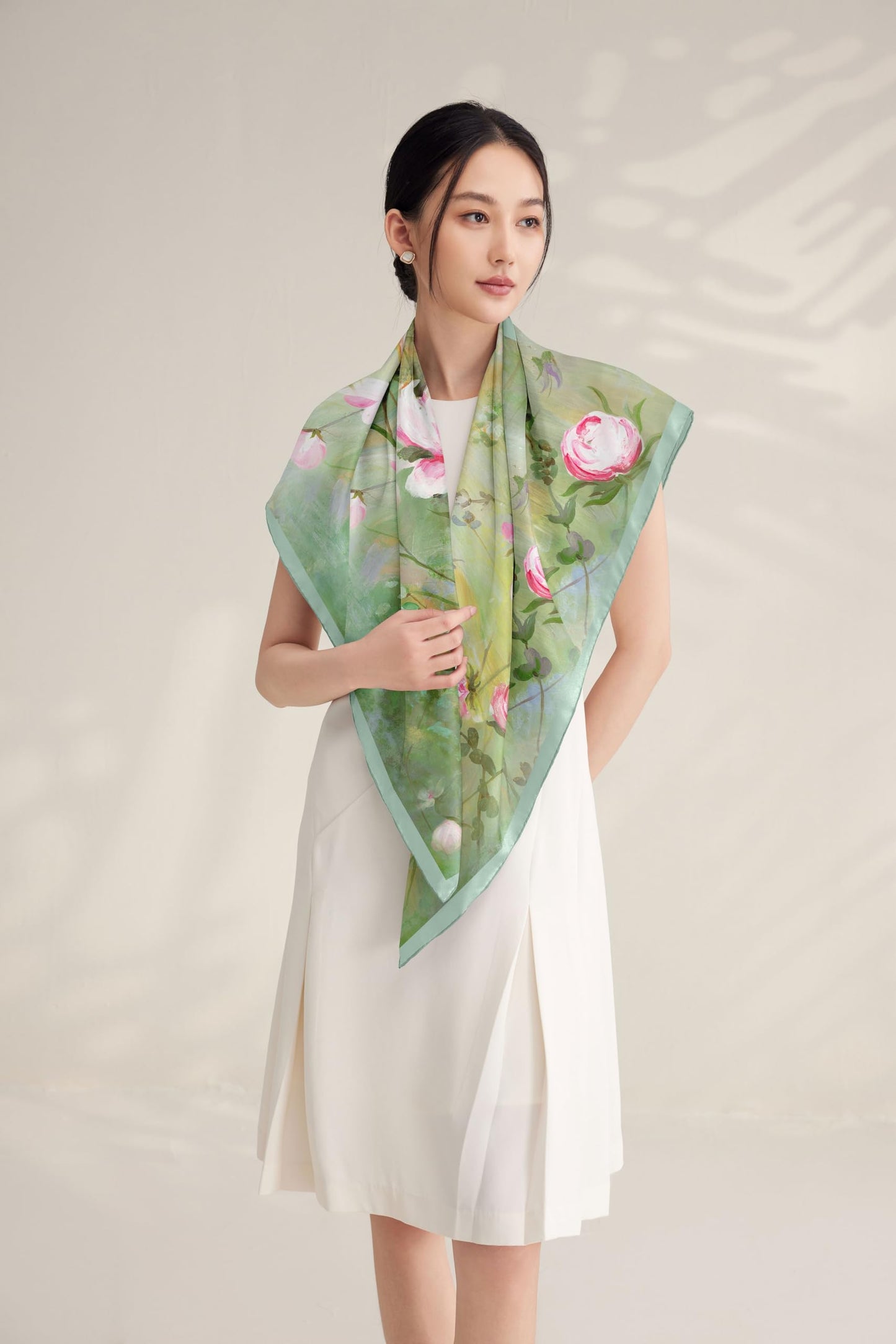 The 'Monet's Garden' Silk Shawl (Pastel Green & Pink)