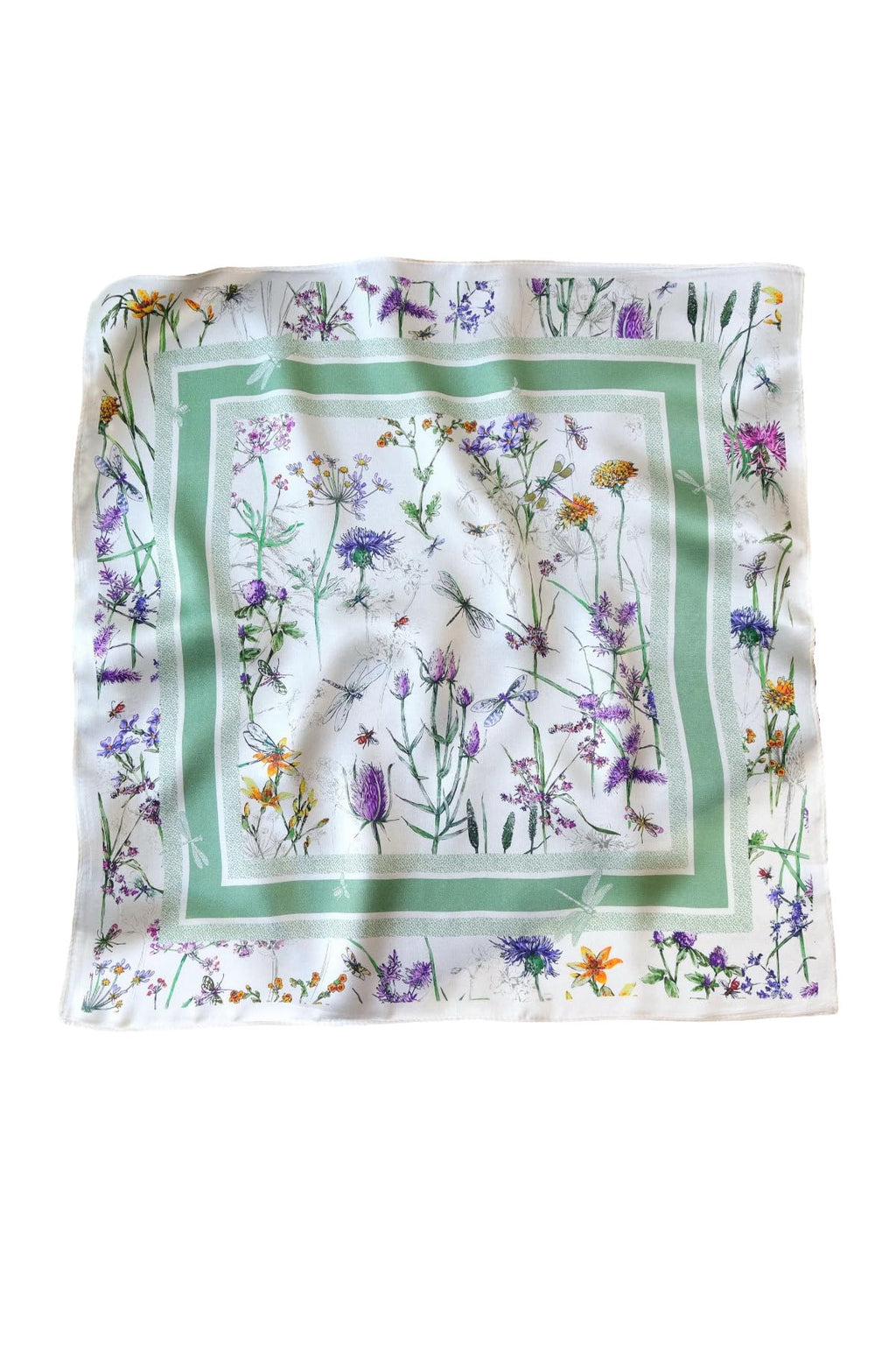 Ivory wildflower square flat, thistles and cornflowers inside a sage striped frame