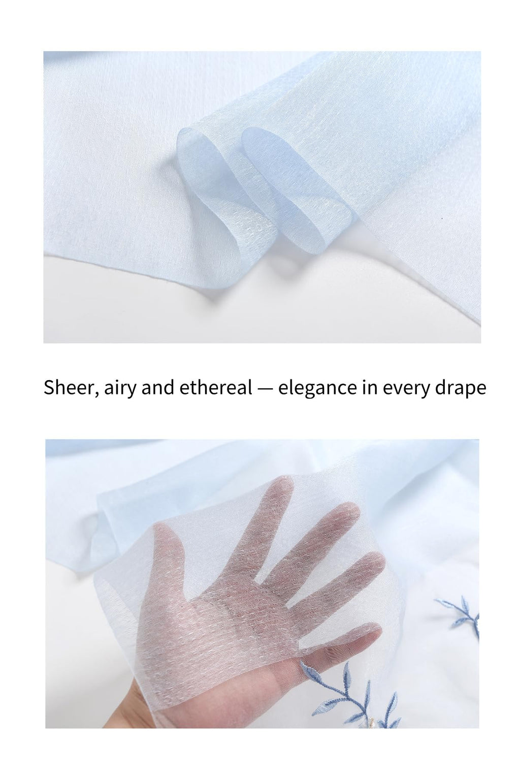 Fabric close up and a hand behind the sheer pale blue ground