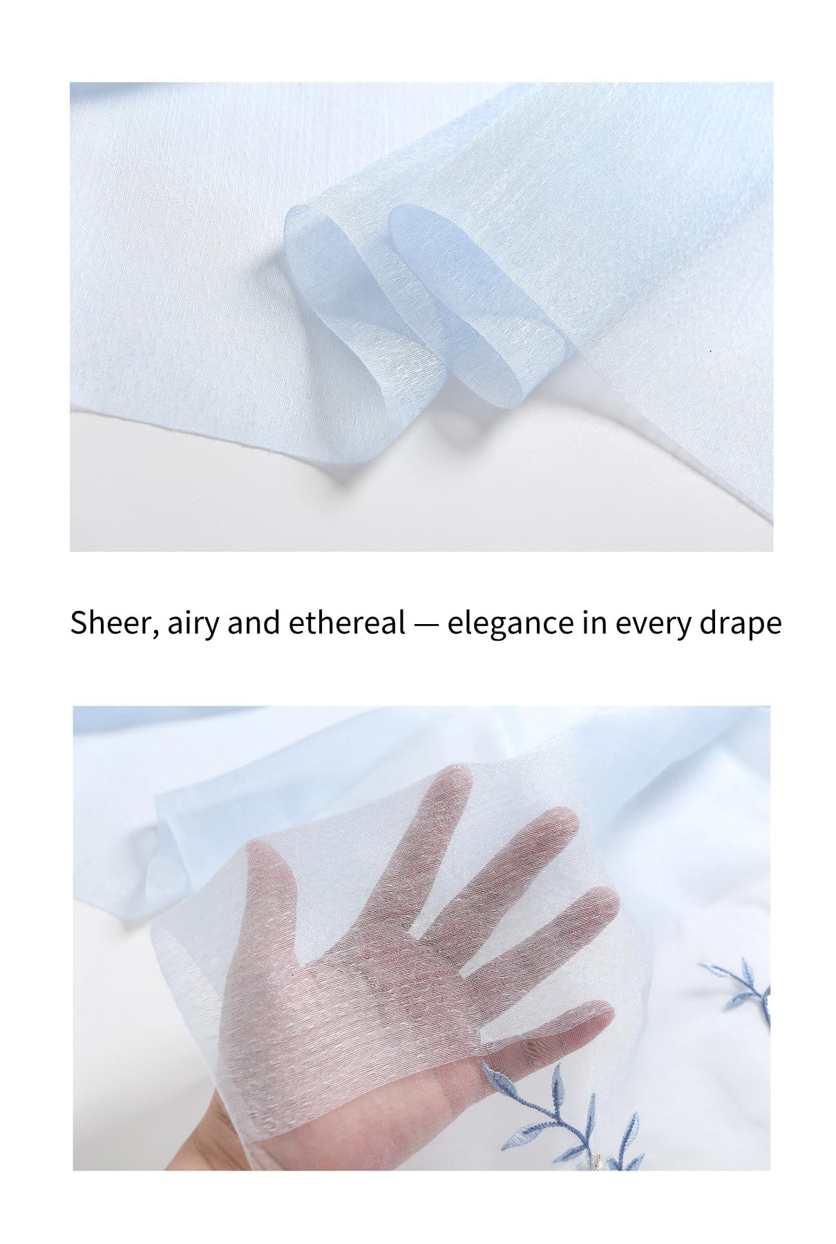 Fabric close up and a hand behind the sheer pale blue ground