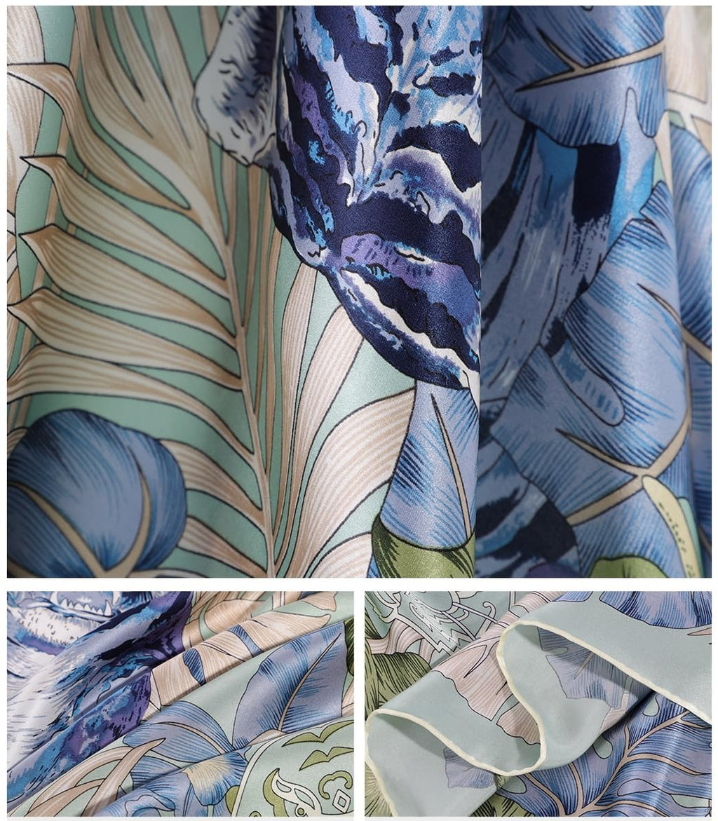 Detail collage of the blue hibiscus and green palm leaf print with the mint border