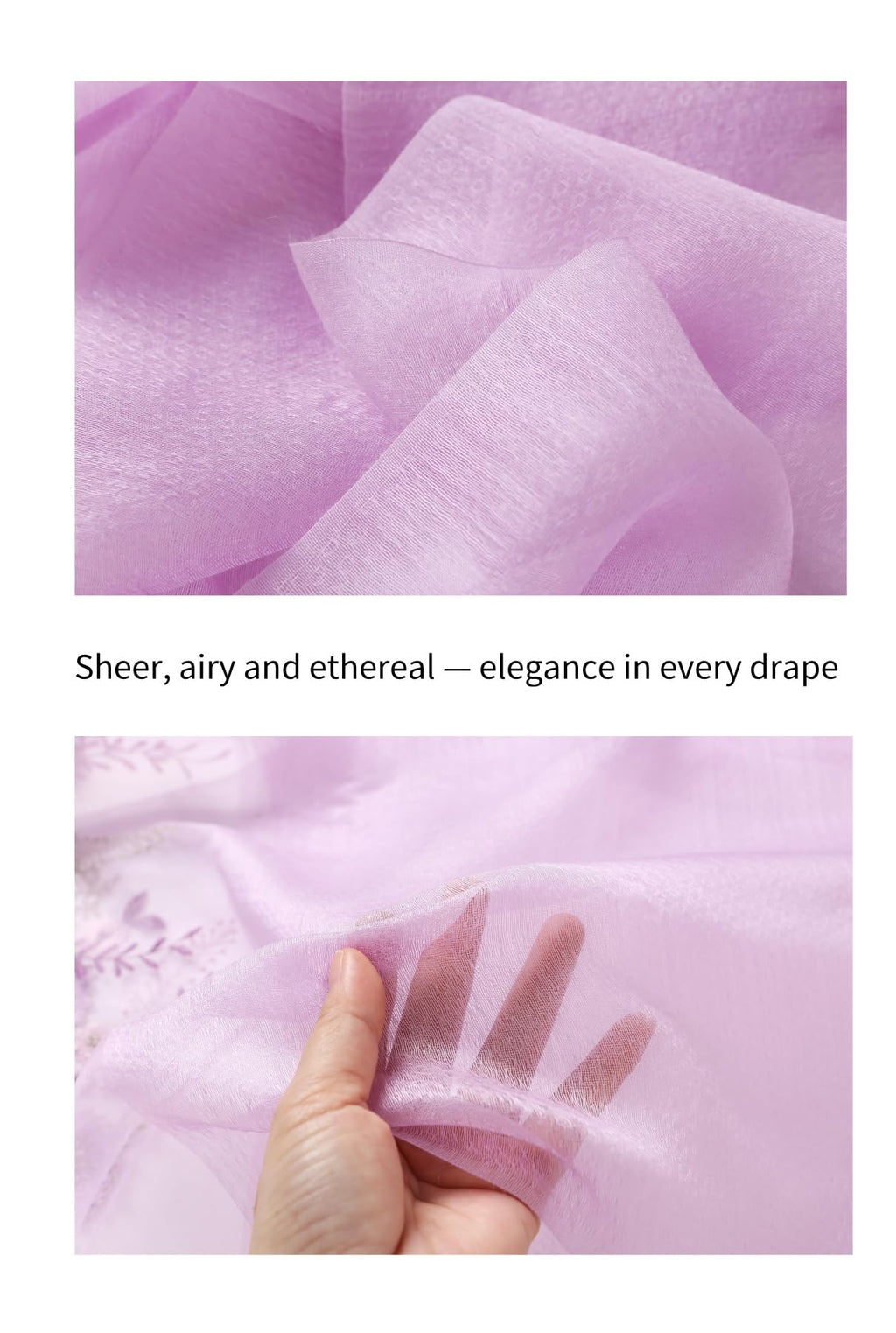 Lavender fabric close up and a hand held behind the sheer ground