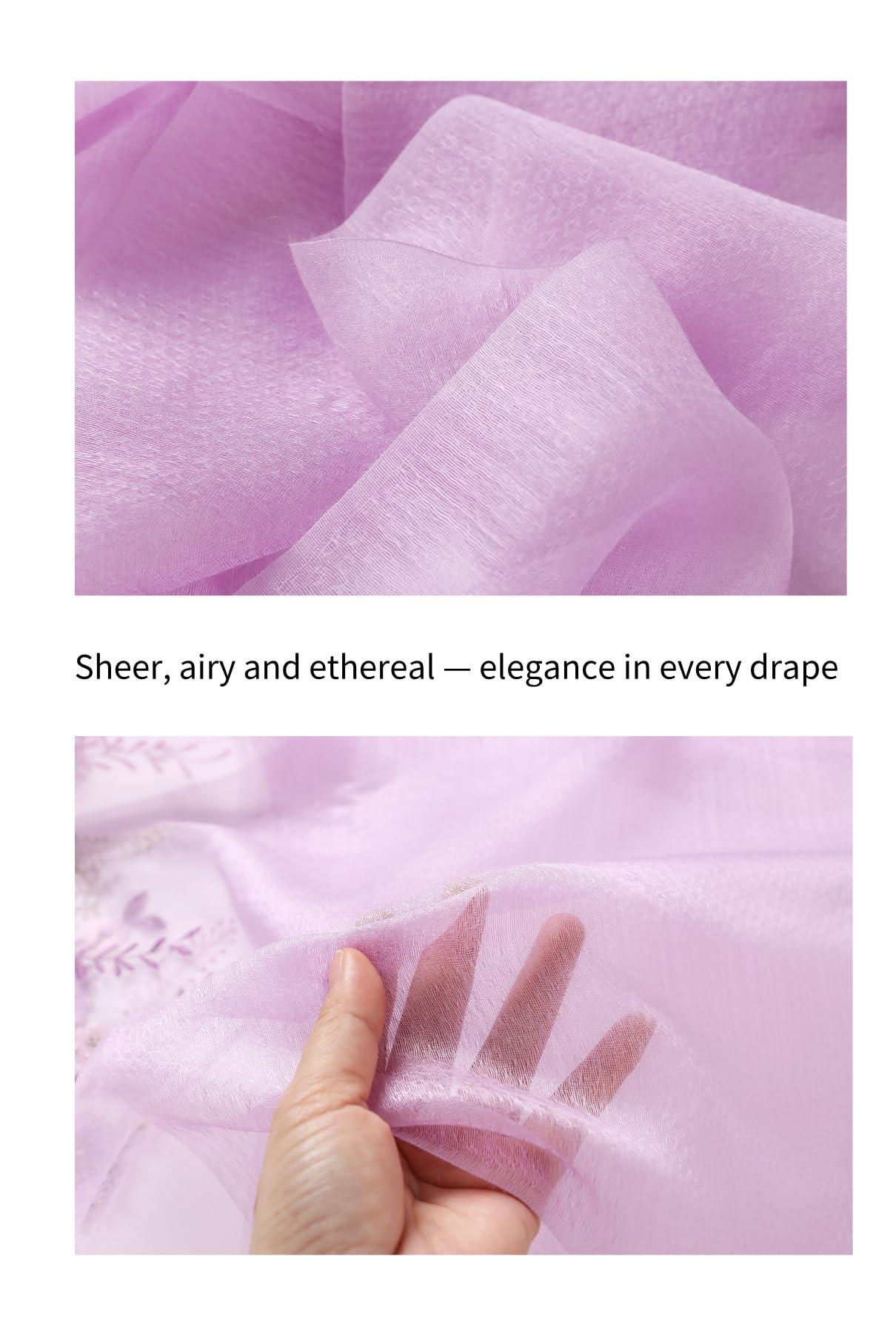 Lavender fabric close up and a hand held behind the sheer ground