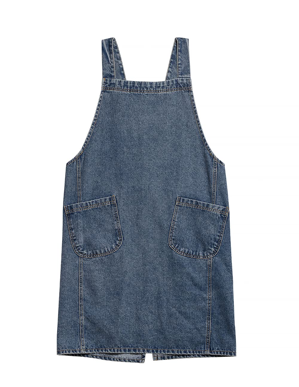 Mid blue denim apron laid flat showing two large patch pockets and the split hem