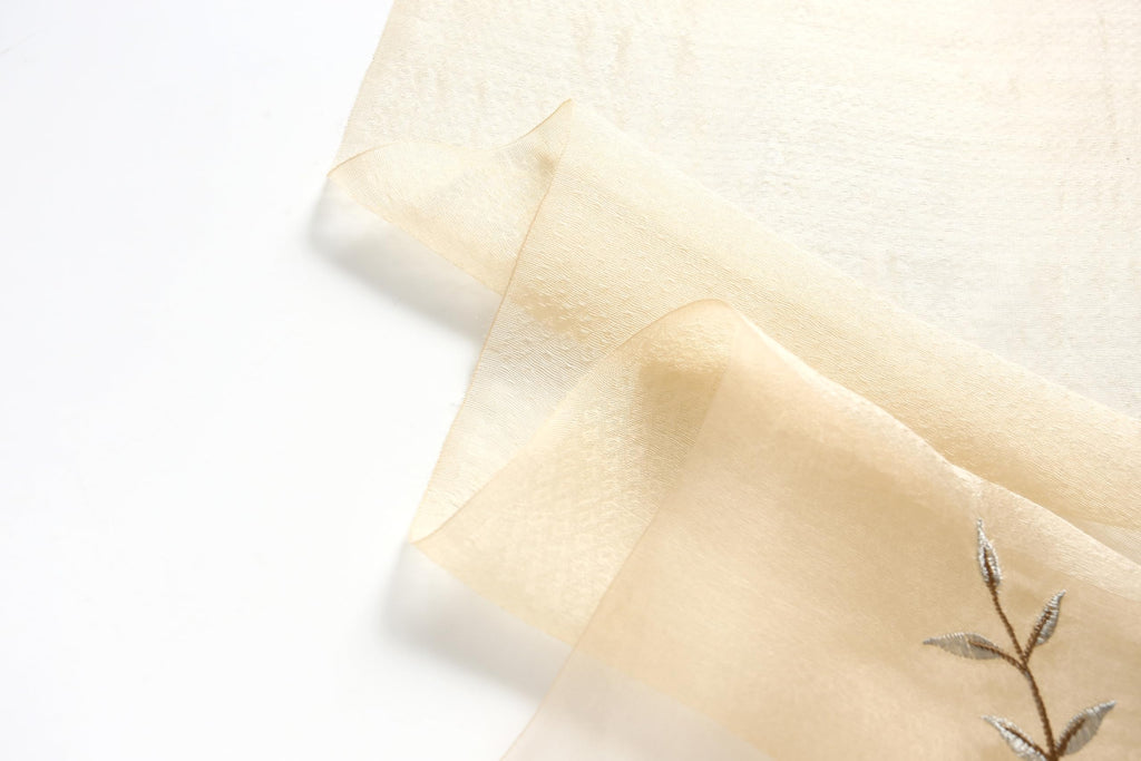 Close up of the sheer khaki border against the denser body of the scarf