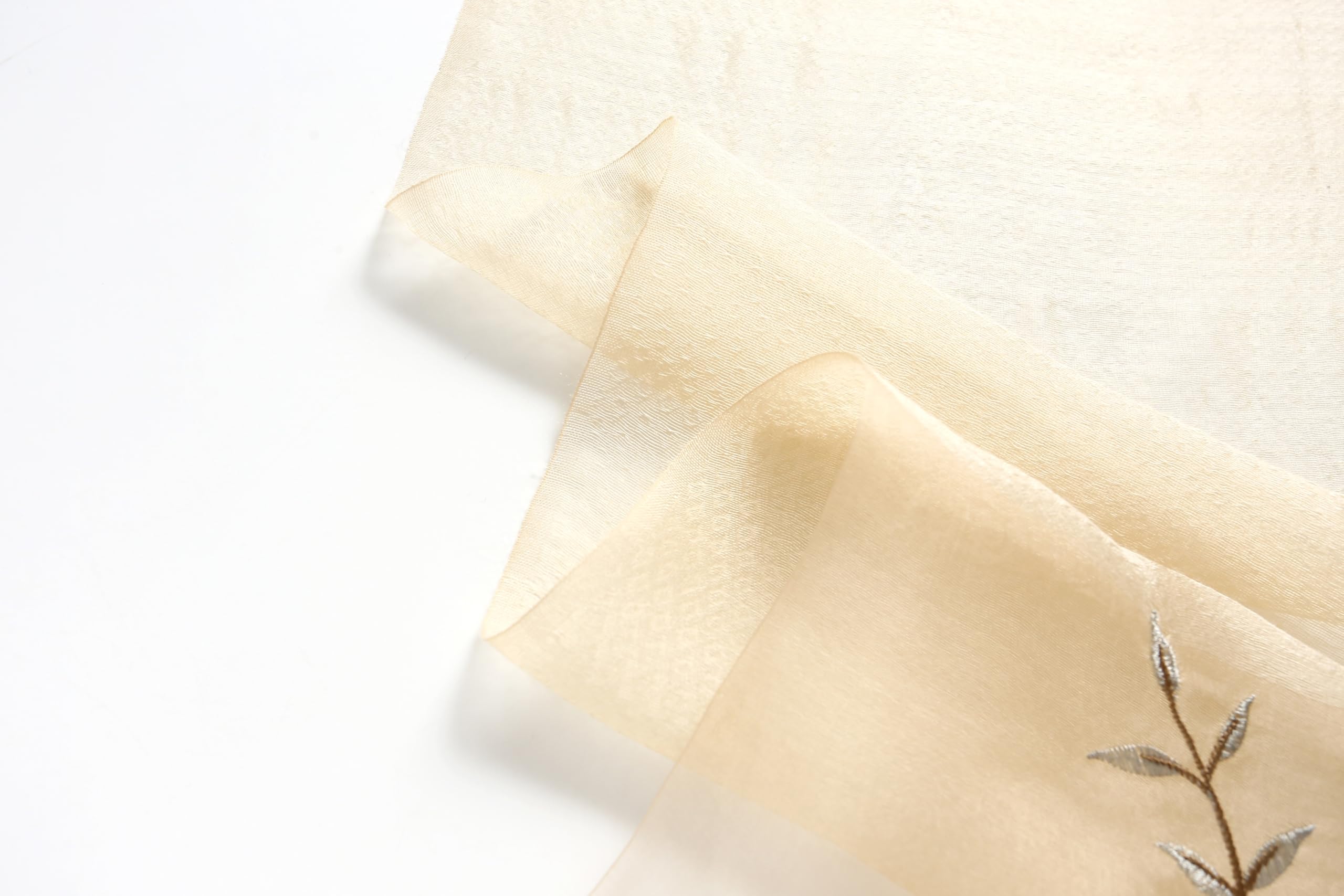 Close up of the sheer khaki border against the denser body of the scarf