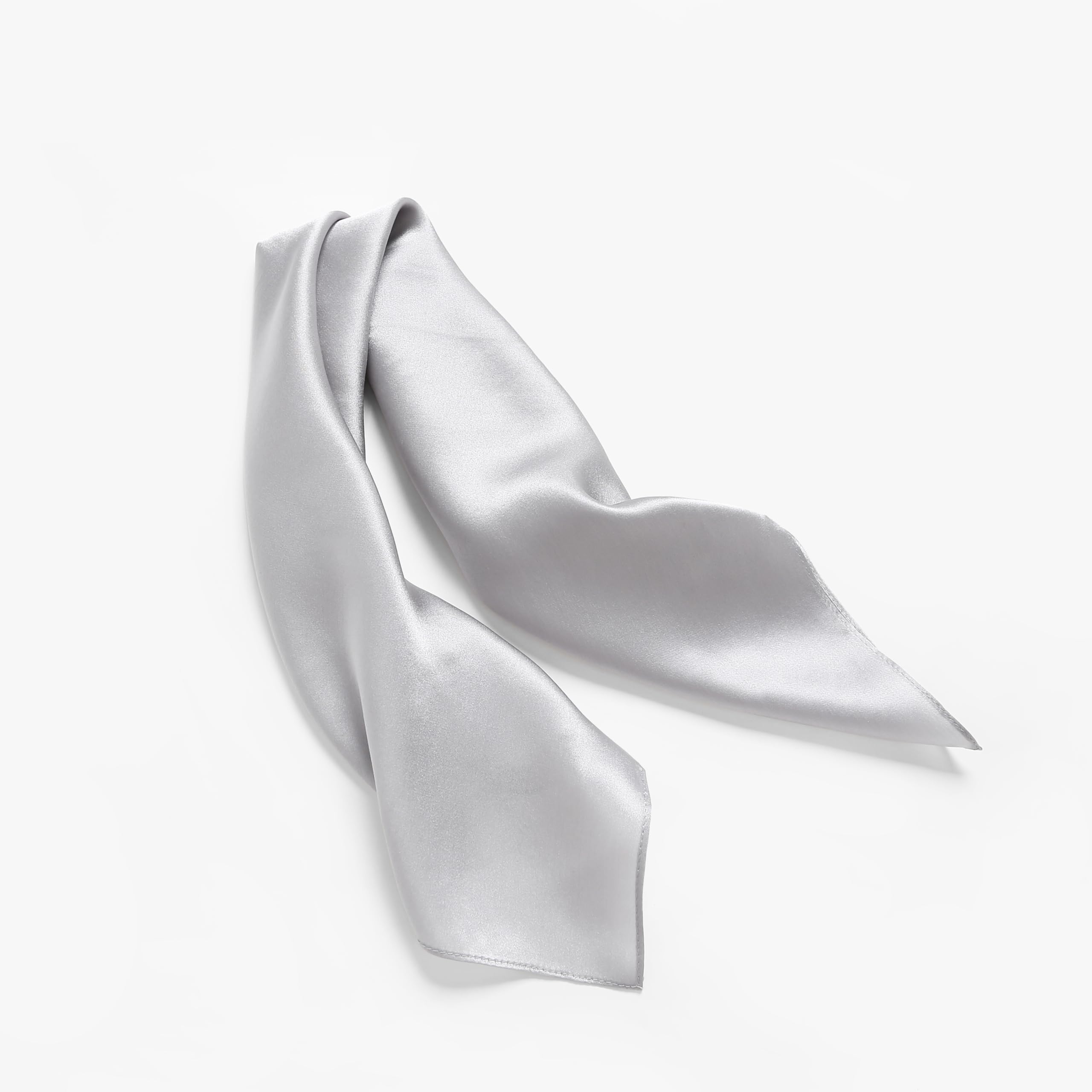 Cloud grey silk square twisted into a long band, pointed ends showing the rolled hem