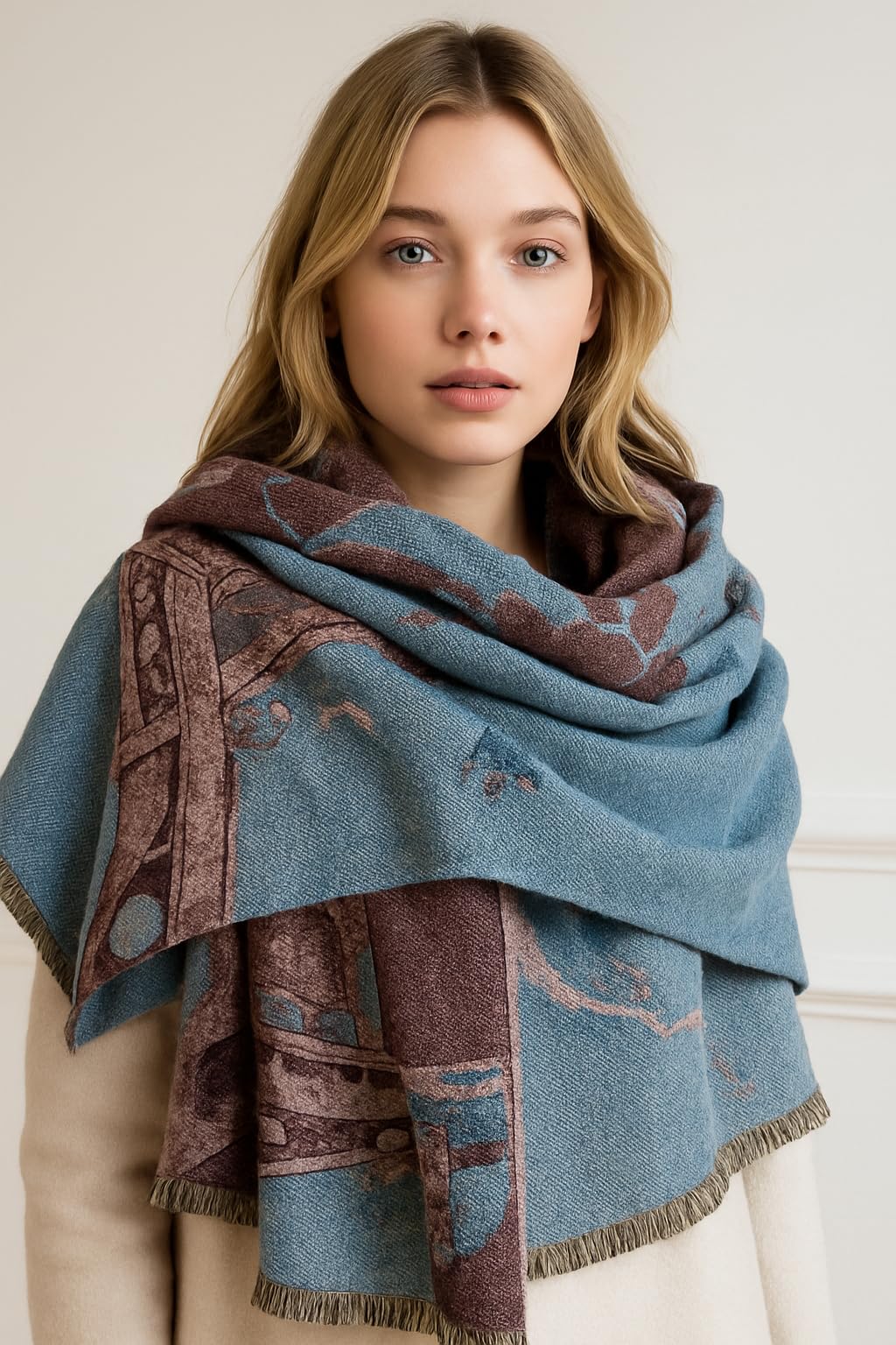 Woman wearing the blue Eiffel Tower shawl looped high at the neck over a cream coat