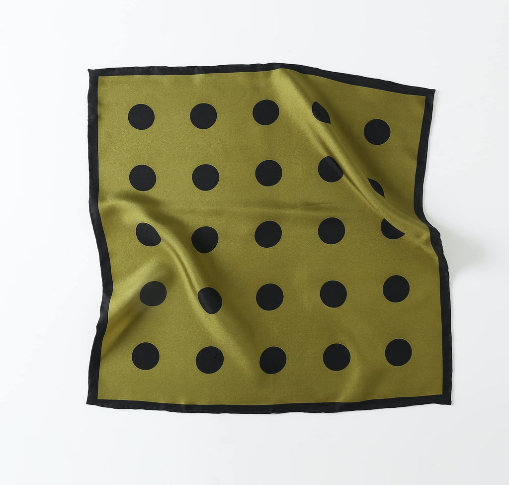 Olive silk square opened flat, rows of black polka dots inside a solid black border