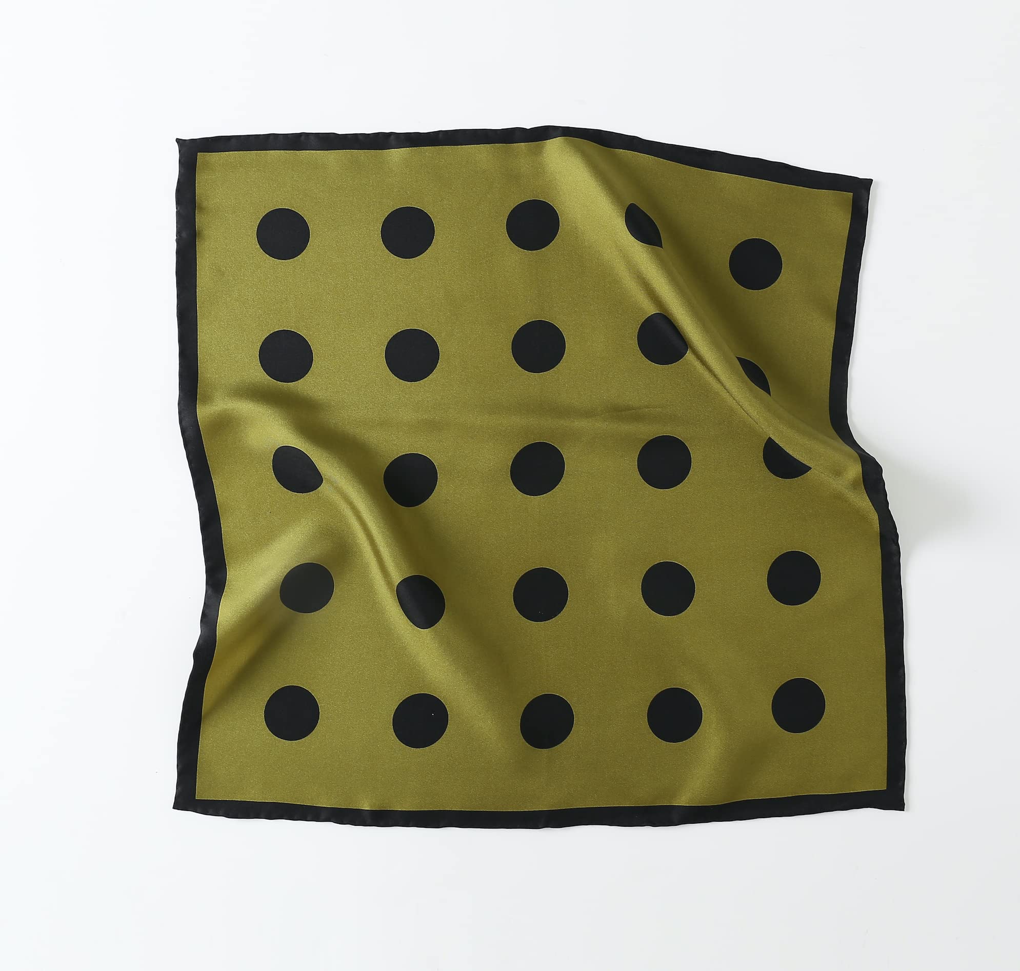 Olive silk square opened flat, rows of black polka dots inside a solid black border