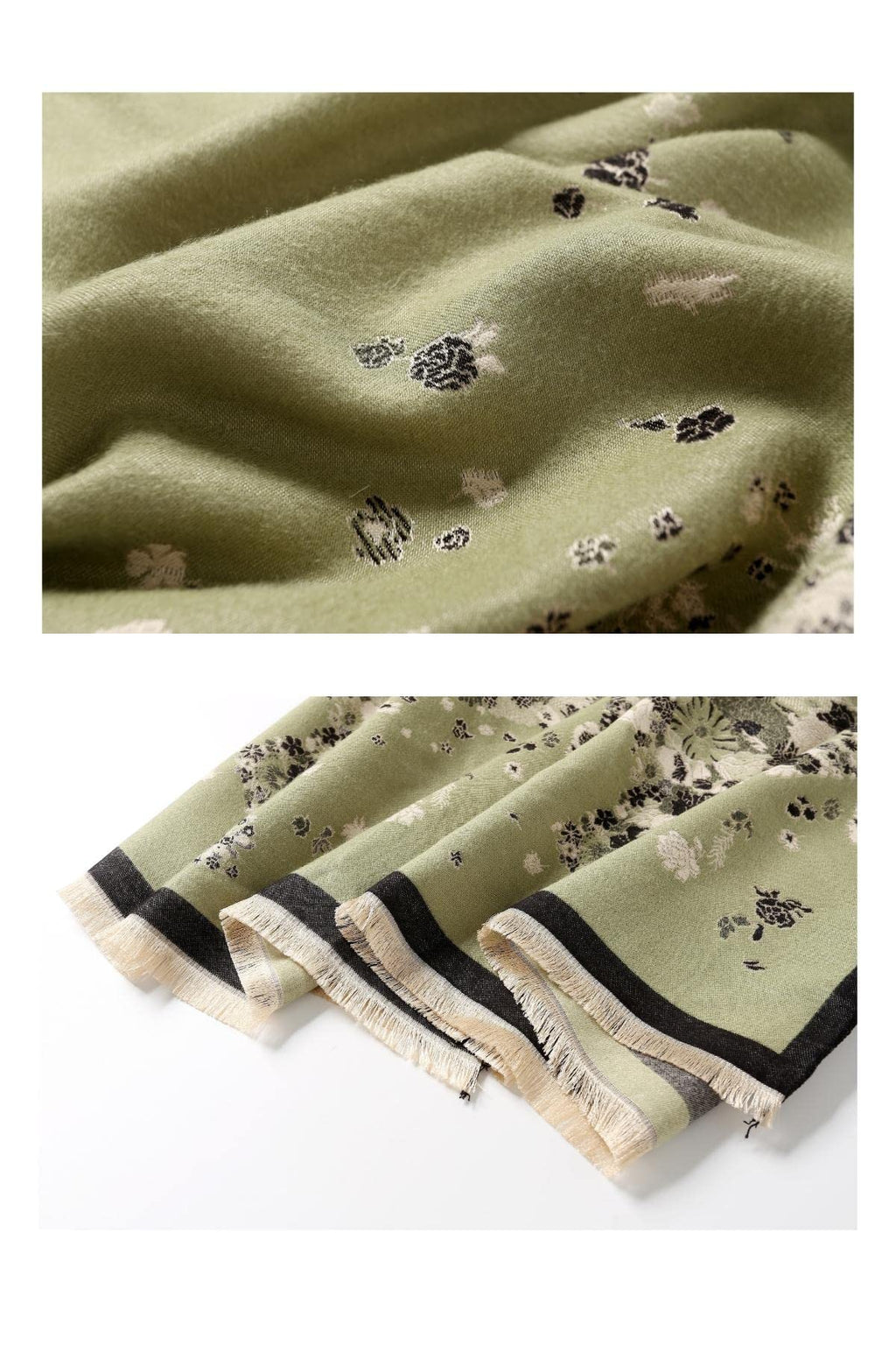 Two close views of the sage ground showing small dark flower sprigs and the cream fringed ends