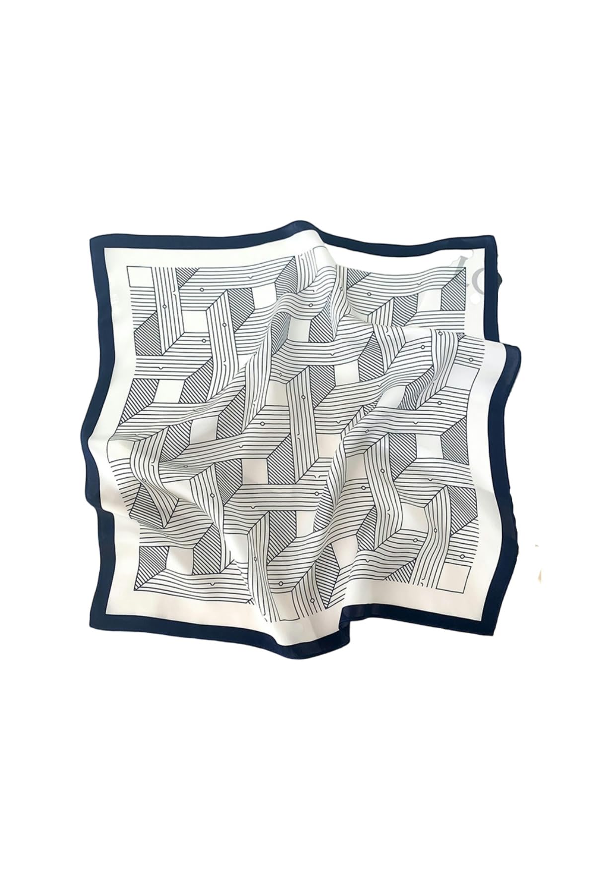 White square printed edge to edge with interlaced navy ribbon, wide navy border