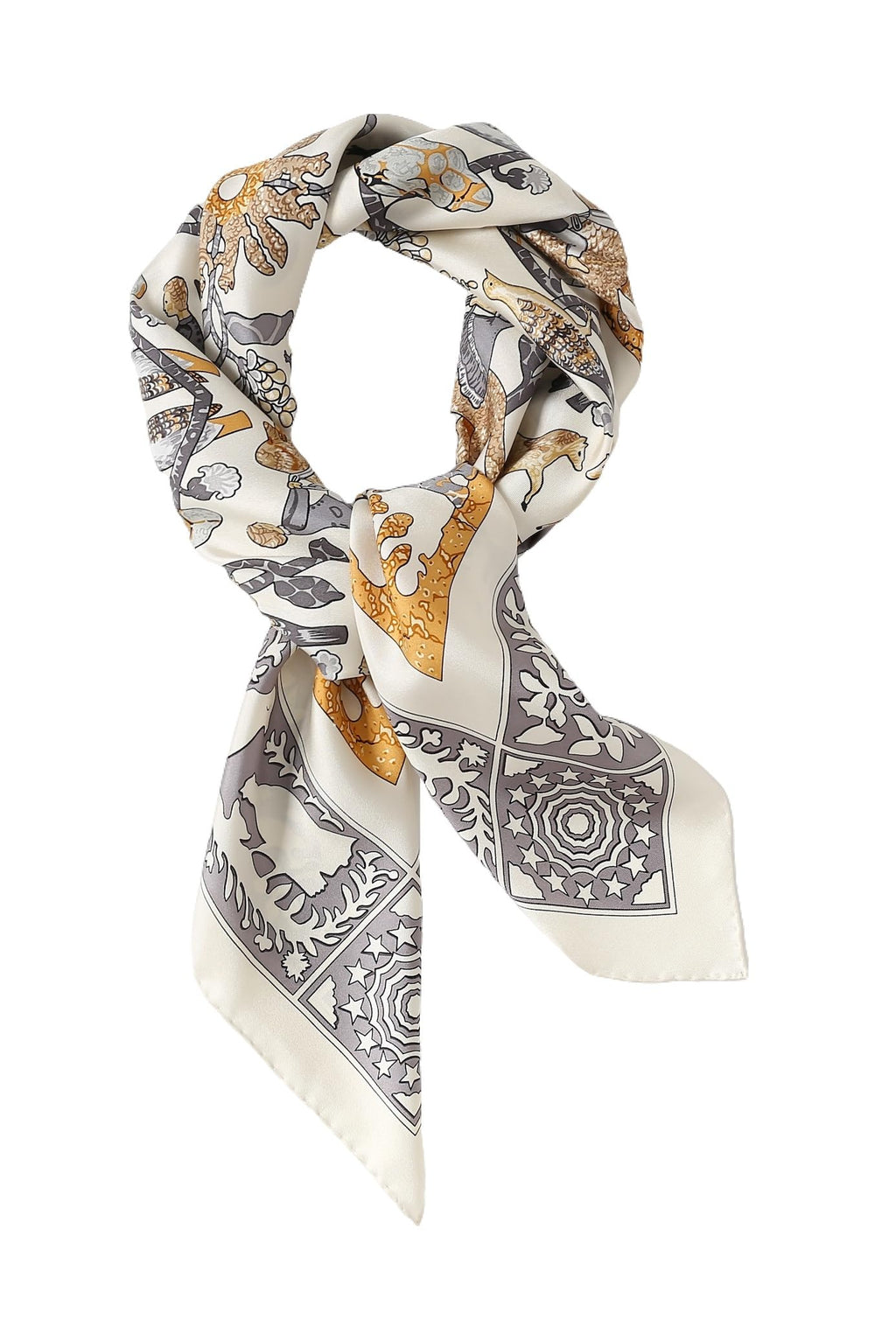Cream menagerie square twisted into a loop, grey scrollwork border on the tails
