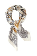 Cream menagerie square twisted into a loop, grey scrollwork border on the tails