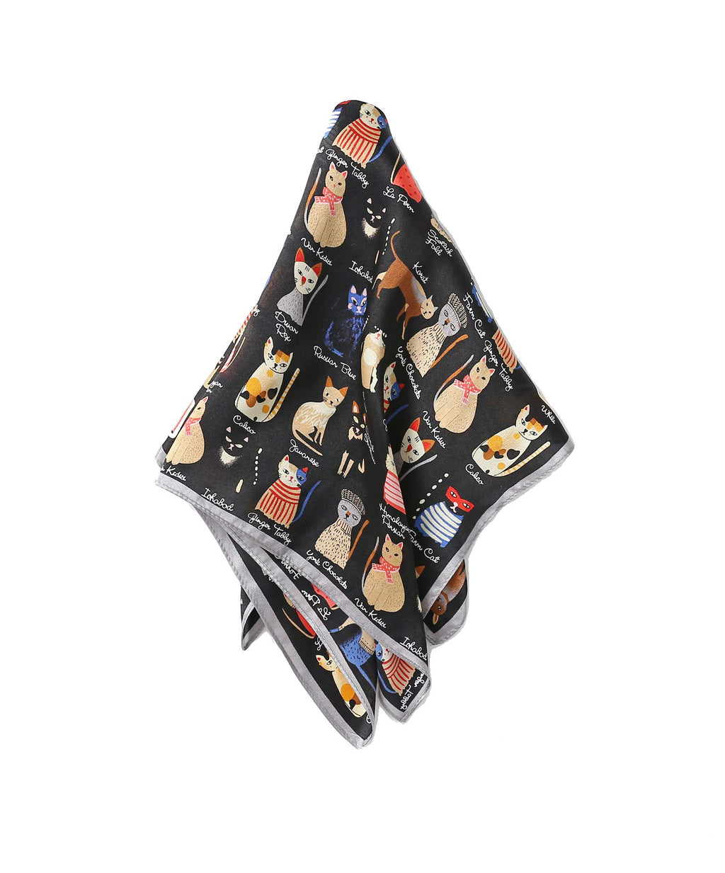Black silk square printed with rows of cats and handwritten breed names, hanging in folds