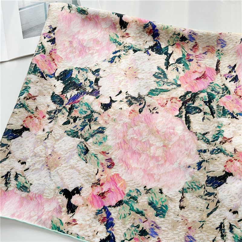 Flat view of the painted garden silk scarf showing roses and foliage edge to edge