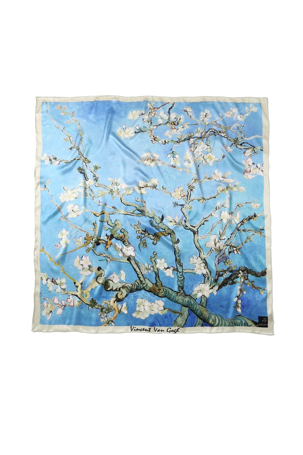 Flat view of the sky blue almond blossom silk scarf reproduced after the Van Gogh painting