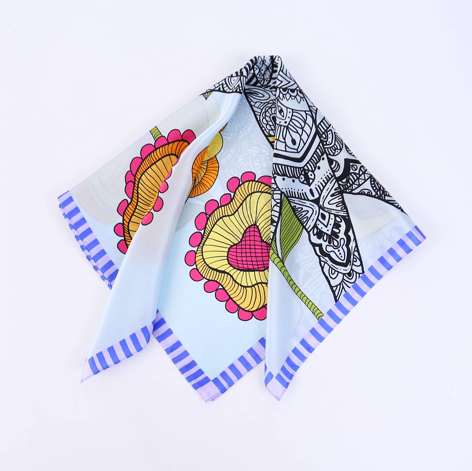 Blue square folded on the diagonal, gold blooms with magenta petals and striped edge