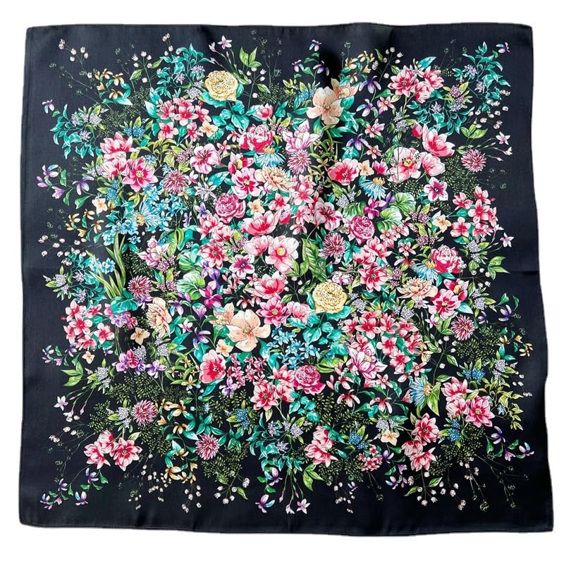 The full square flat, a dense bouquet massed in the centre of a plain black ground