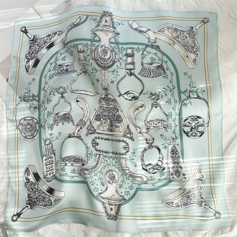 The whole aqua square flat, stirrups and buckles in black line inside a gold frame