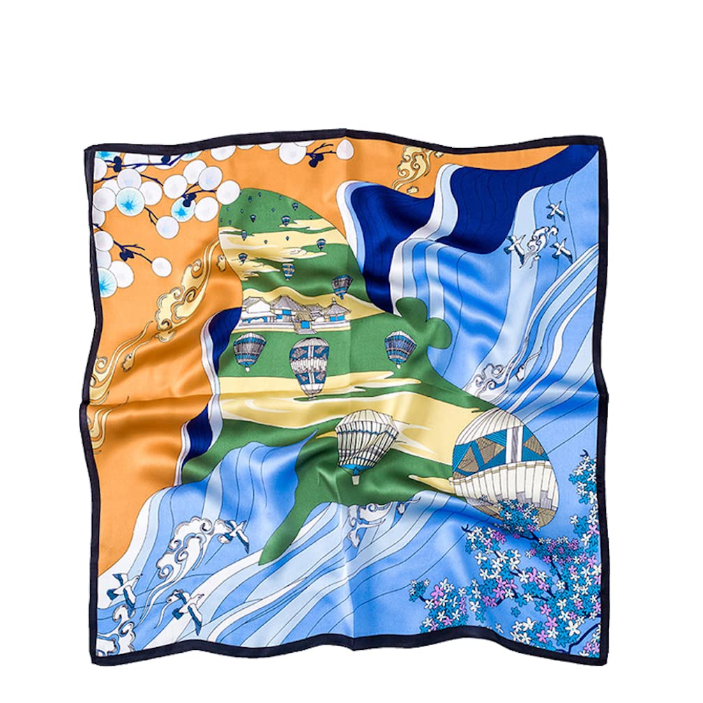 The full square flat, hot air balloons over green islands and blue water, orange panel