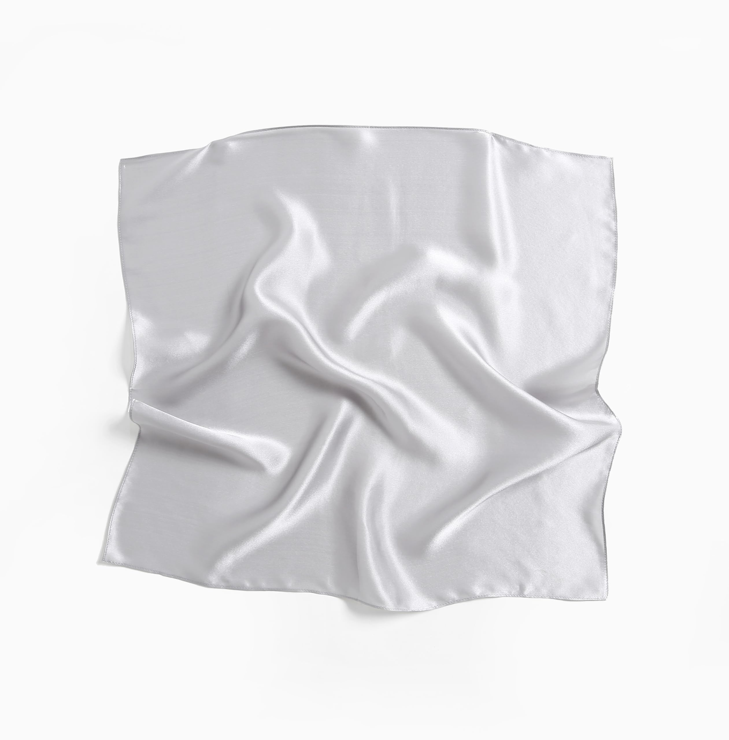 Full cloud grey silk square laid flat, light rippling over the plain charmeuse face
