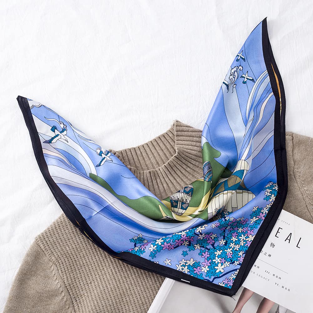 Blue silk square with sailboats on water and small purple blooms along one edge, black border