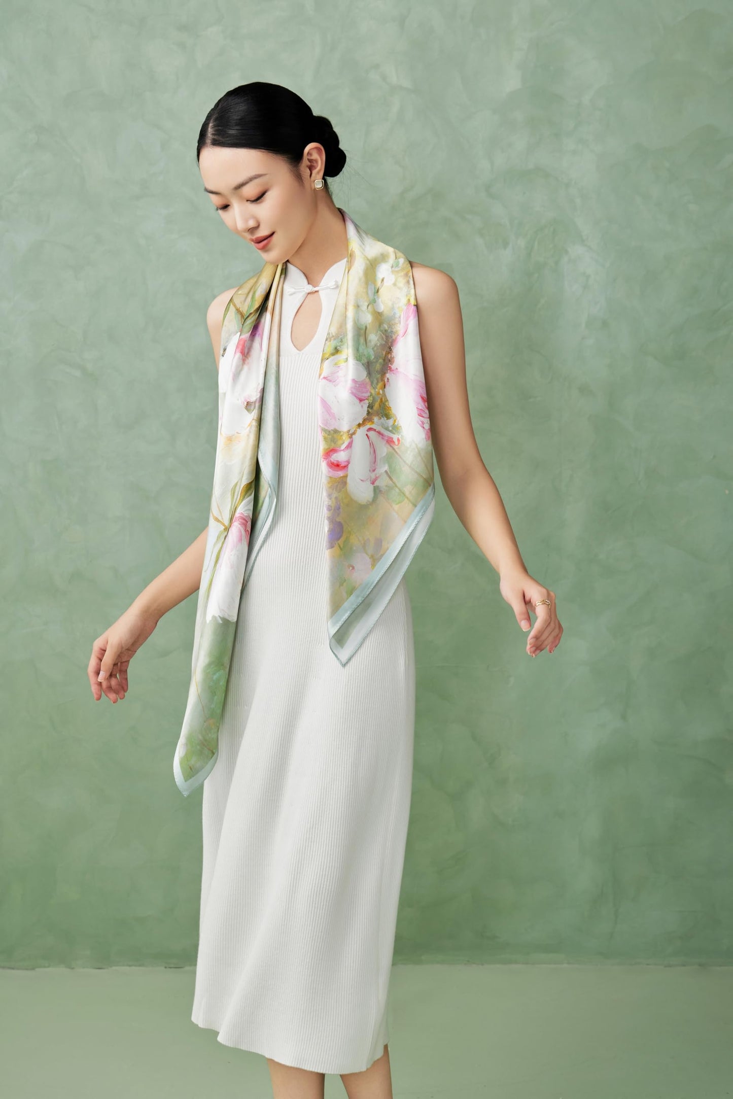 The 'Monet's Garden' Silk Shawl (Pastel Green & Pink)