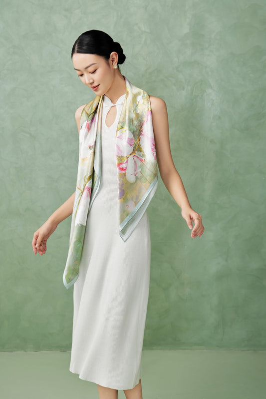 The 'Monet's Garden' Silk Shawl (Pastel Green & Pink)