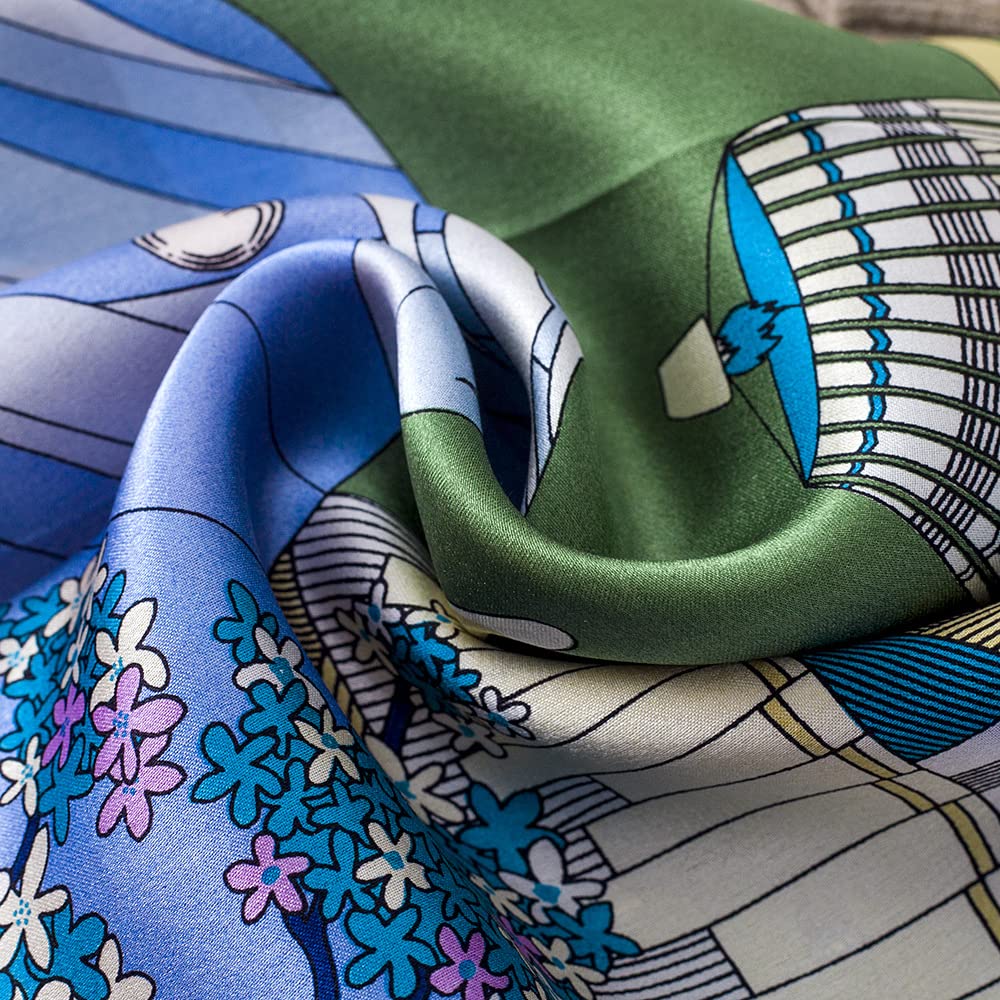 Close-up of a striped balloon canopy over green hills and small blue flowers