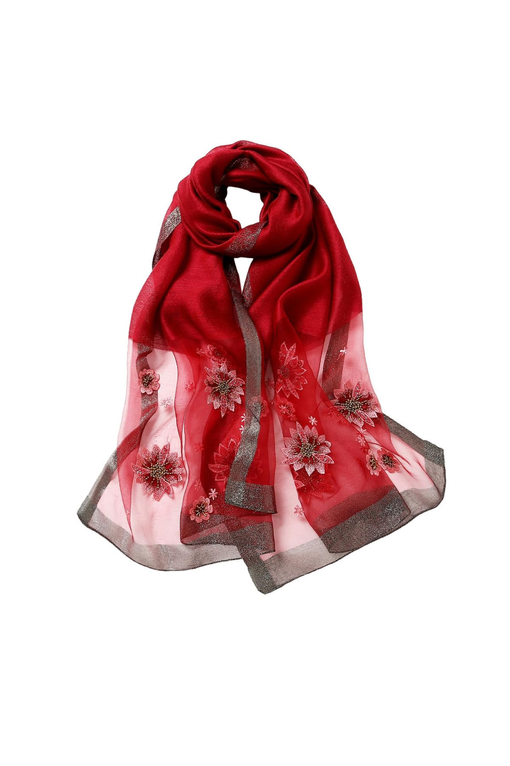 Red shawl knotted showing the beaded floral bouquet on the sheer end