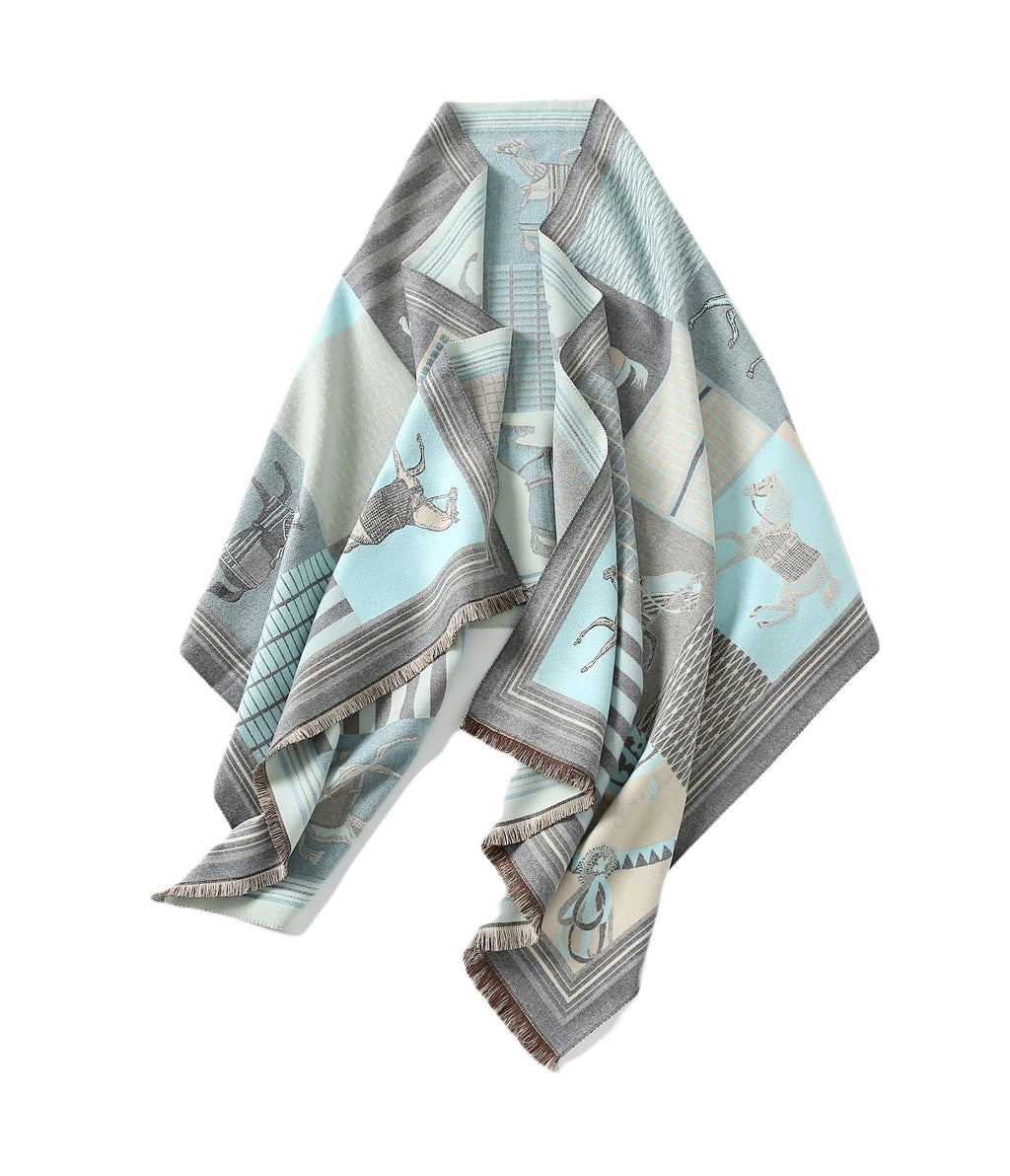 Pale blue and grey horse print shawl draped open showing horses stags and harness detail in panels
