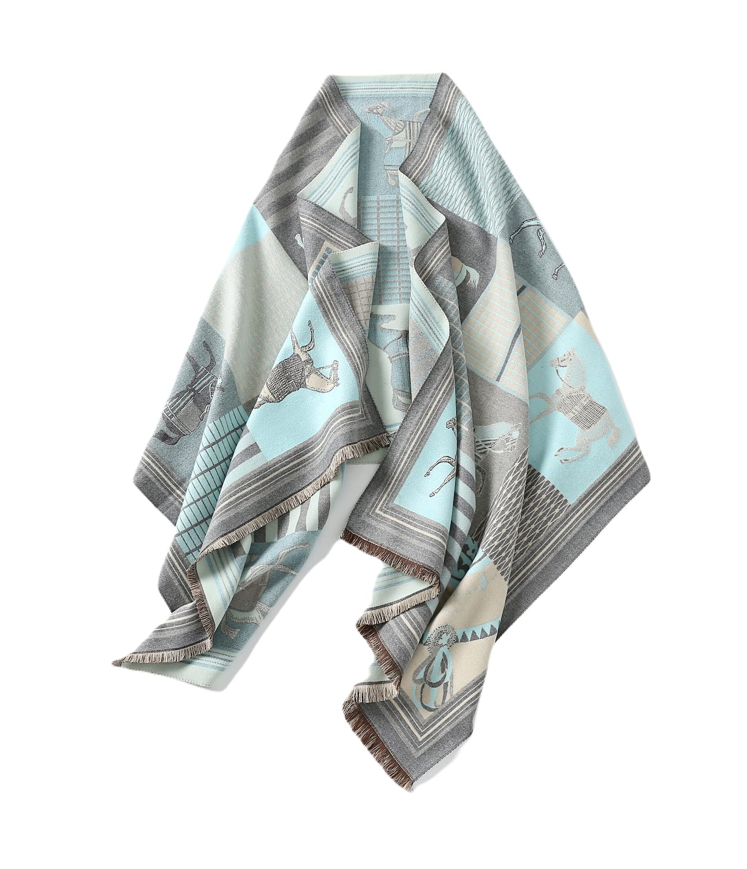 Pale blue and grey horse print shawl draped open showing horses stags and harness detail in panels
