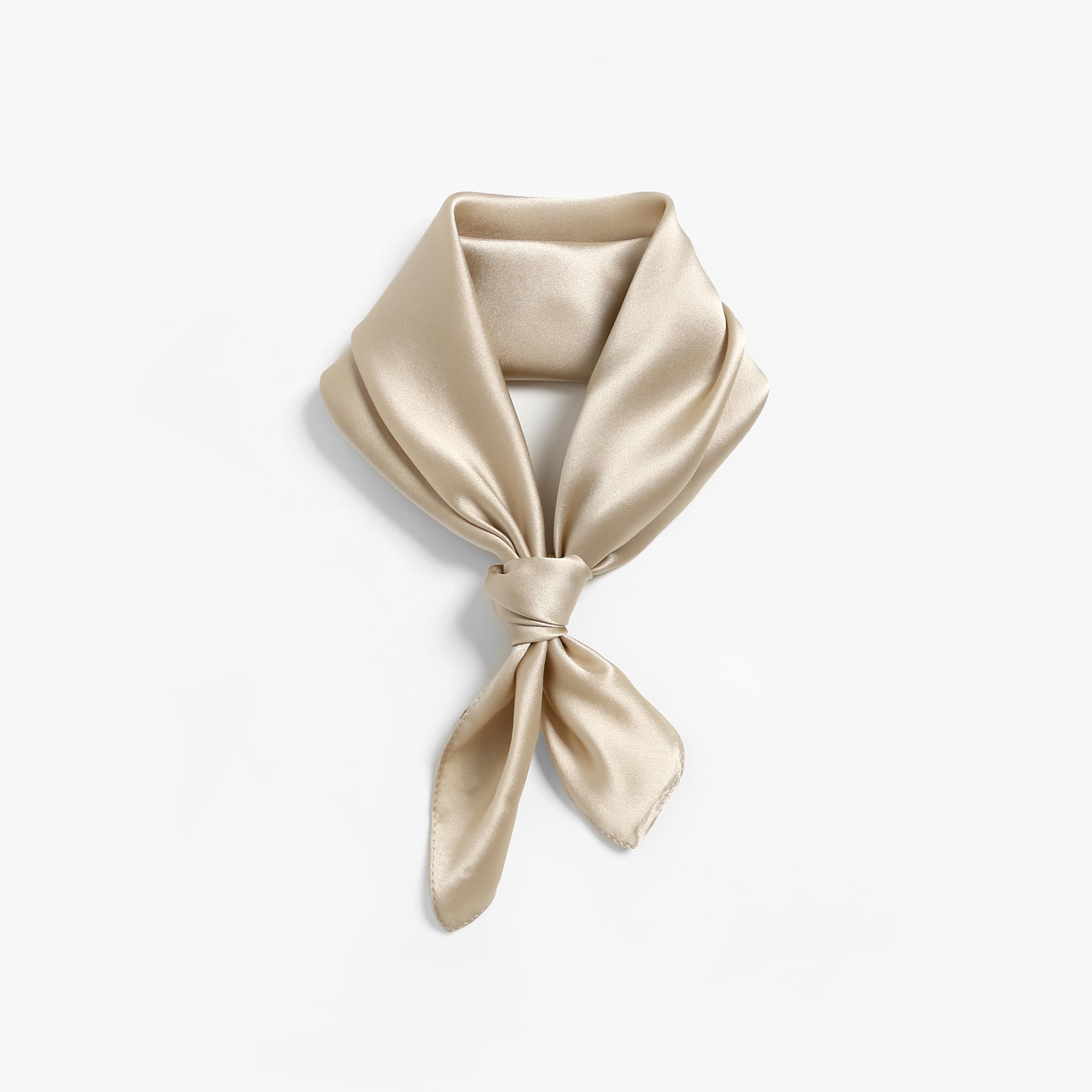 Champagne beige silk folded to a collar and knotted, two pointed tails hanging down
