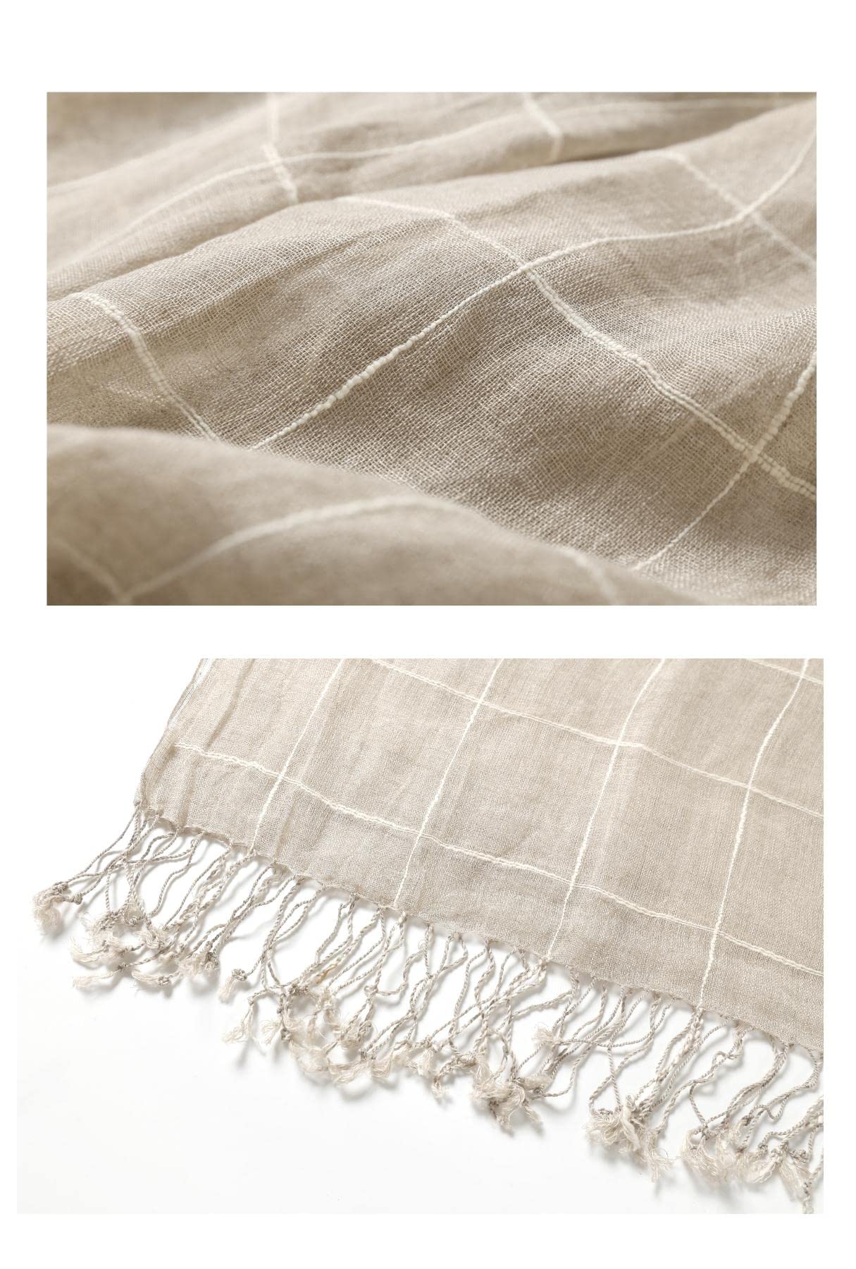 Detail of the hand knotted fringe at the end of the plaid linen scarf