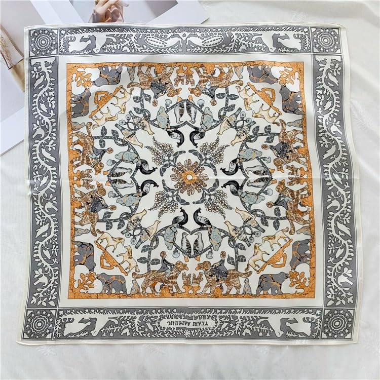 The full square flat, gold and grey menagerie inside a wide grey scrollwork border