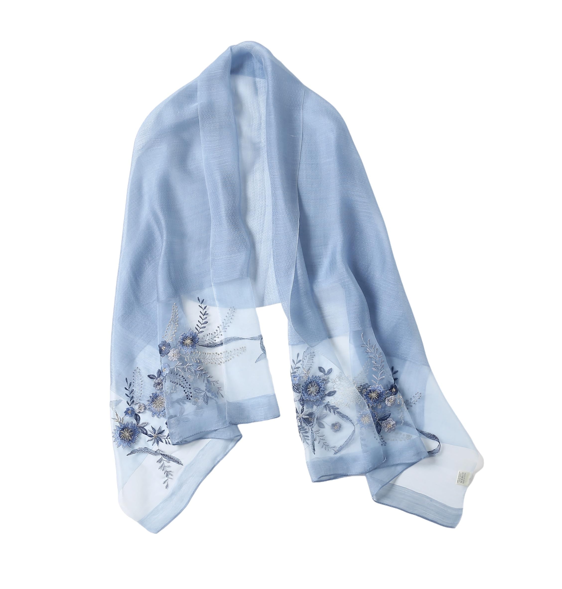 Denim blue semi sheer shawl with blue floral and trailing wisteria embroidery along both ends