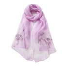 Lavender semi sheer shawl with purple floral and hanging spray embroidery along both ends