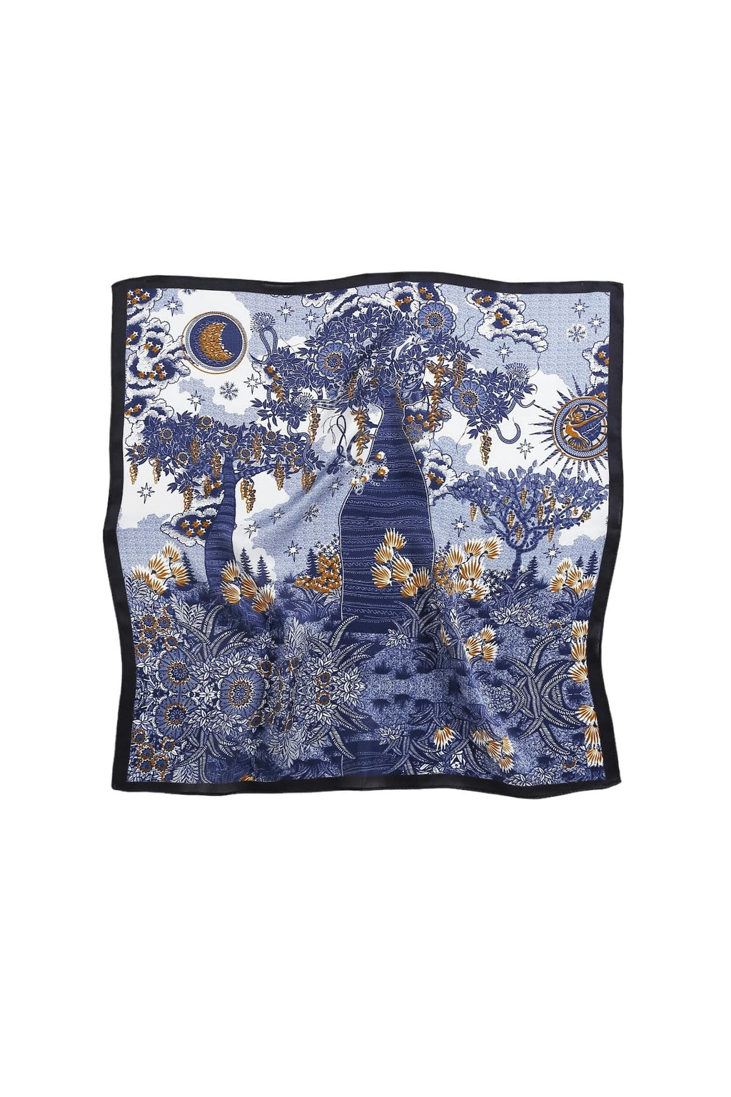 Blue and white toile square flat, gold-lit trees and a crescent moon in a black band