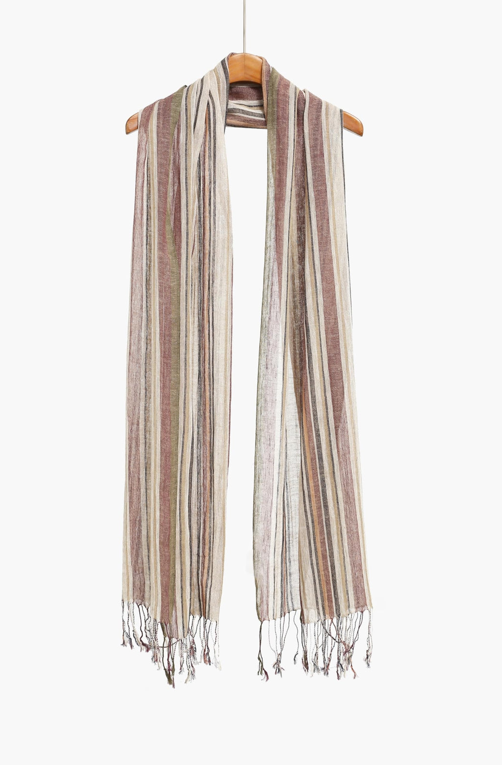 Striped cotton linen scarf hanging full length on a wooden hanger showing both fringed ends