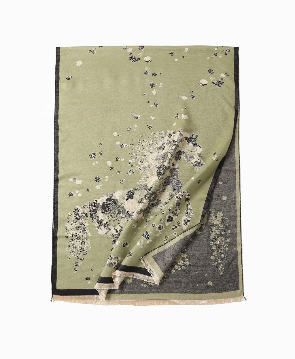 Sage shawl laid flat where the massed blossom resolves into the shape of a galloping horse