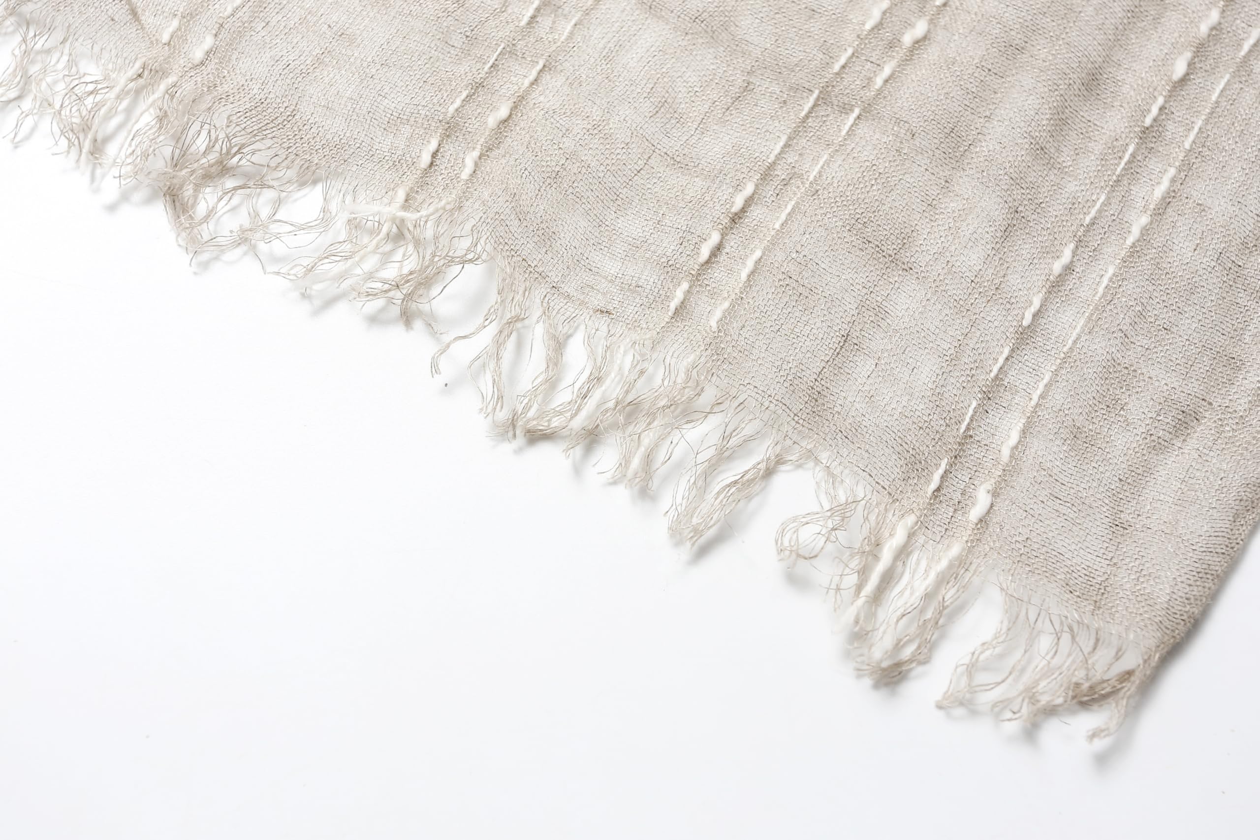 Slub stripe linen scarf open across the shoulders as a wide wrap