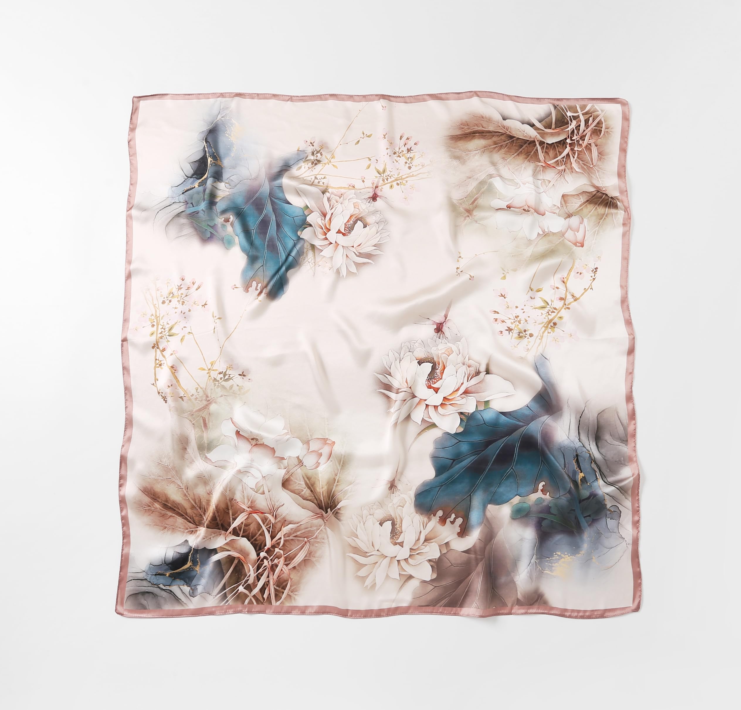 Flat view of the ink lotus silk scarf with indigo and sepia washes on a pale ground