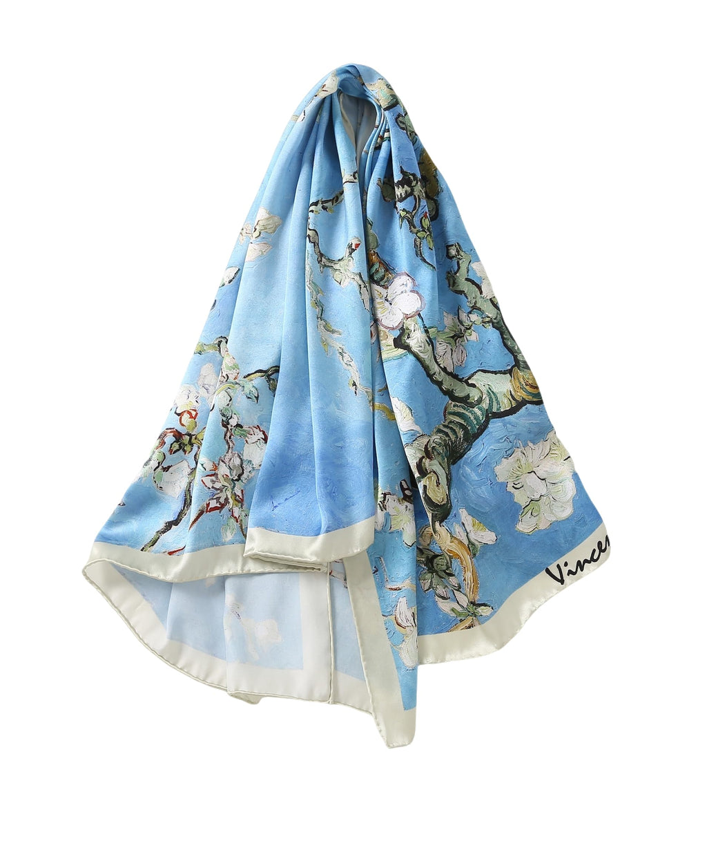 Sky blue silk scarf reproducing Van Gogh's almond blossom painting with white flowers on twisting branches