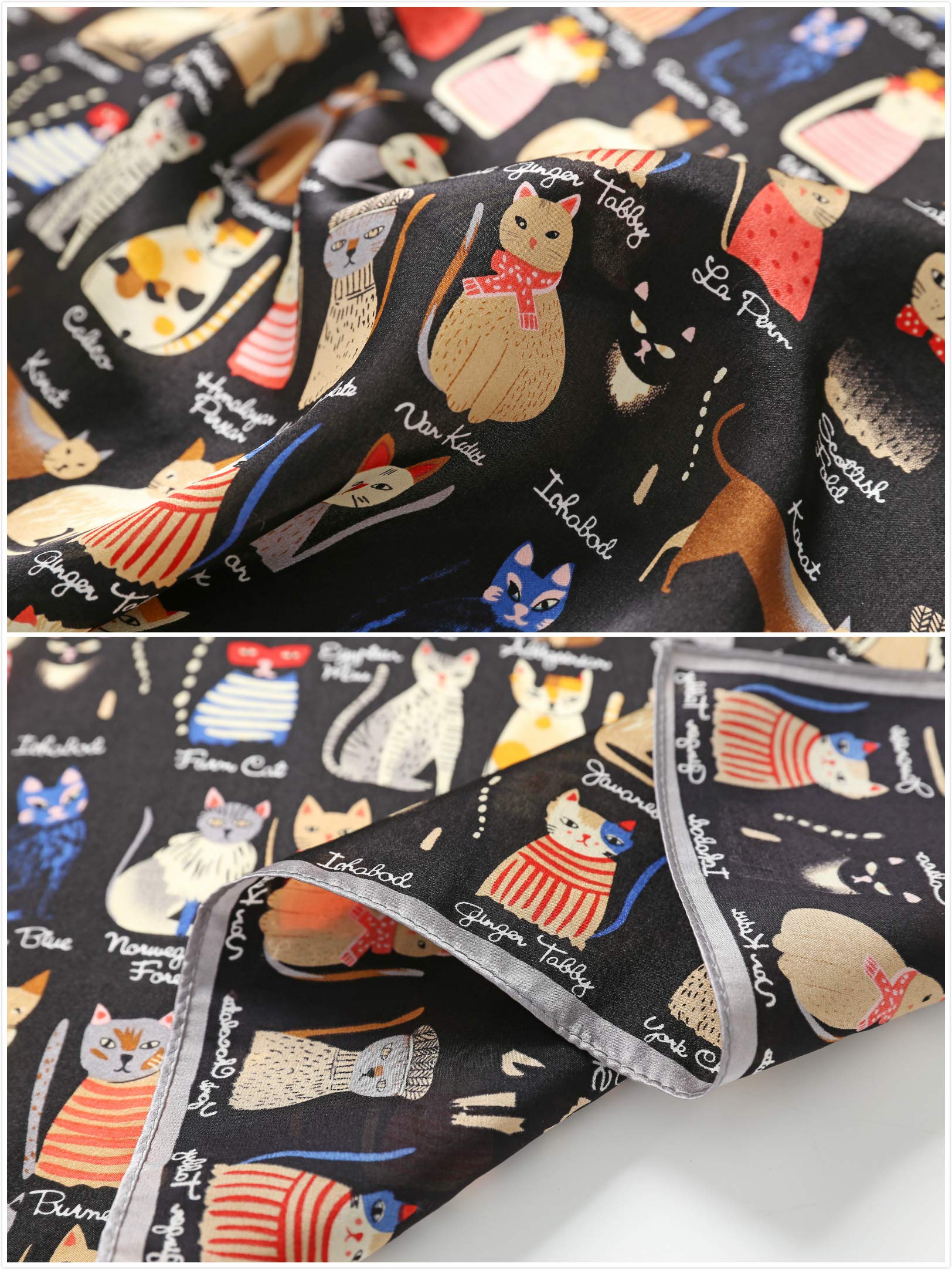 Two detail views of the cat print silk: painted cats with script names and the grey hem